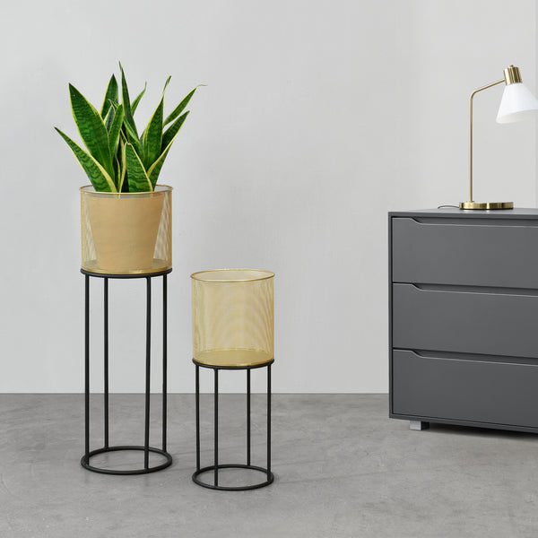 Bloempot op standaard Manhay set van 2 zwart en goud