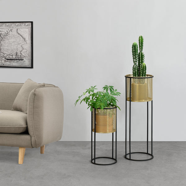 Bloempot op standaard Malmedy set van 2 zwart en goud