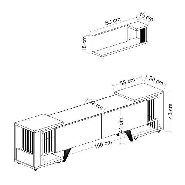[en.casa] TV meubel met wandplank en 2 bijzettafels Glostrup Eiken en wit