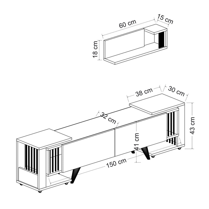 Maatschets [en.casa] TV meubel met wandplank en 2 bijzettafels Glostrup Eiken en wit