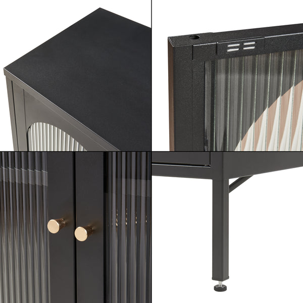 Dressoir Karlskrona metaal met geribbeld glas zwart 101x80x40 cm [en.casa]