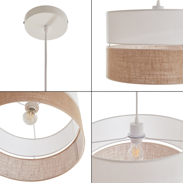 Hanglamp Barton E27 stoffen lampenkap wit en linnenlook lux.pro