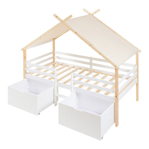 Kinderbed Surnadal Huisbed met dak 2 lades en trapje 200x90 cm wit en naturel [en.casa]