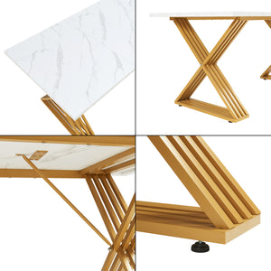 Eettafel Hujaari rechthoekig 180x80 cm goudkleurig en marmerlook wit [en.casa]