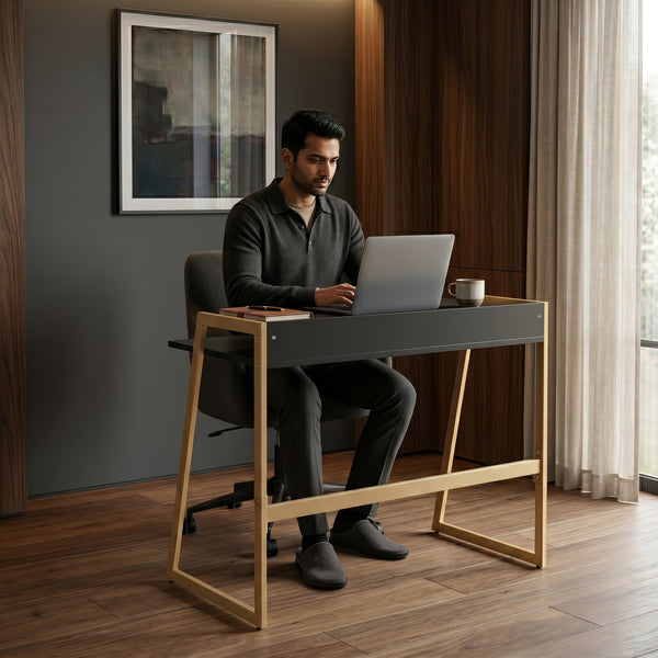 Bureau Kuomi 84x73x47 cm Beige/Donkergrijs [en.casa]