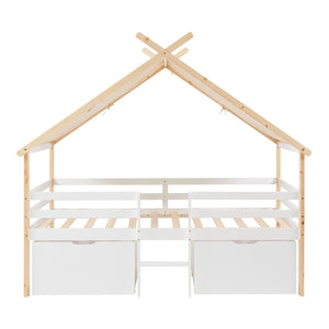 Kinderbed Surnadal huisbed met matras en lades hout wit naturel 90x200 cm [en.casa]