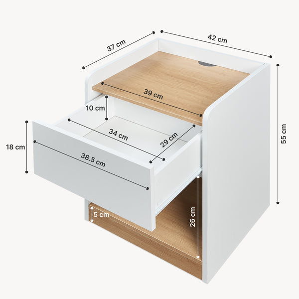Nachtkastje Kuorshare 55x42x37 cm wit en eikenkleurig [en.casa]