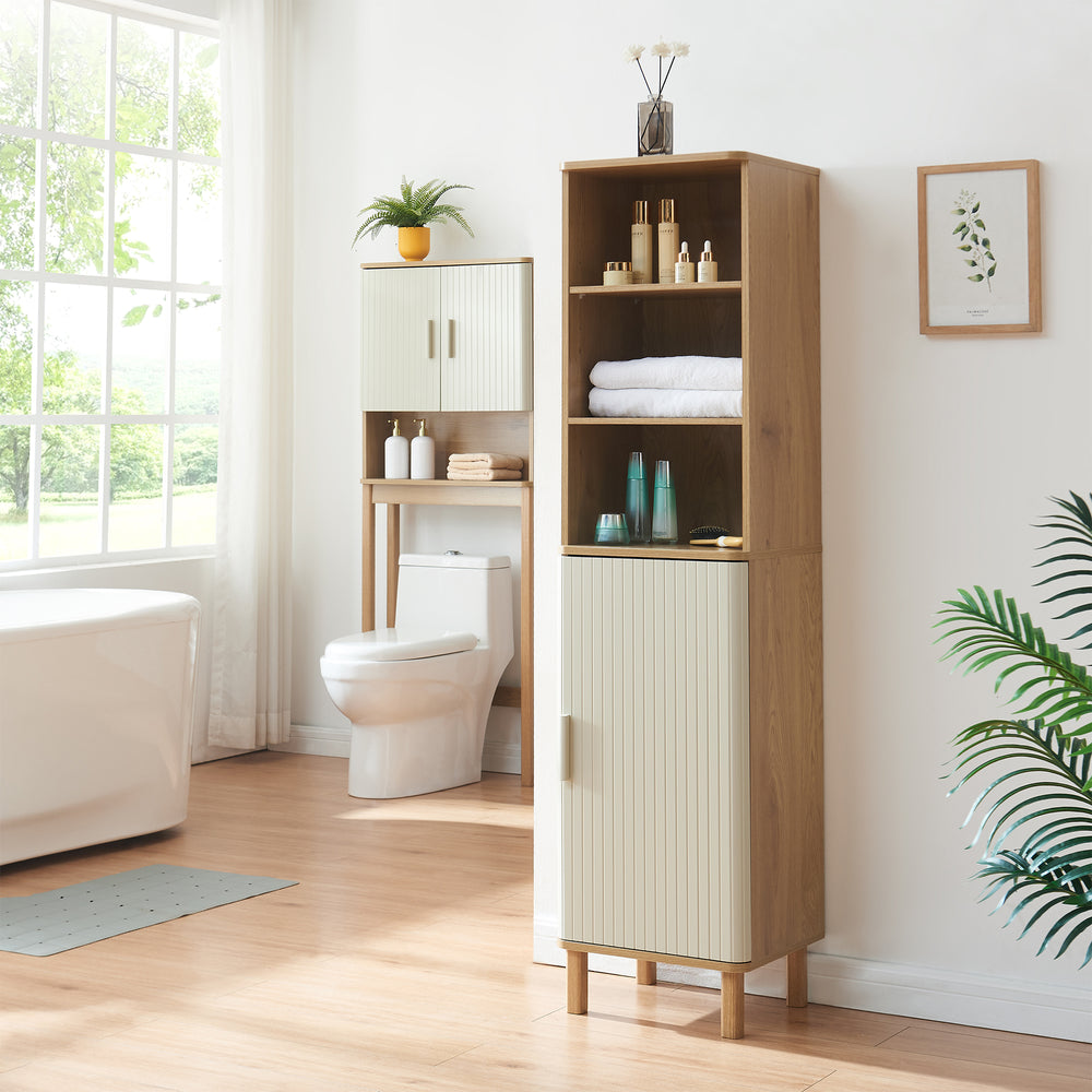 Badkamerkast Ferrersp 160x42x35 cm eikenkleurig havermout en naturel [en.casa]