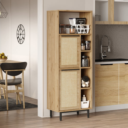 Keukenkast Kvænangen eikenkleurig rotan look en zwart [en.casa]