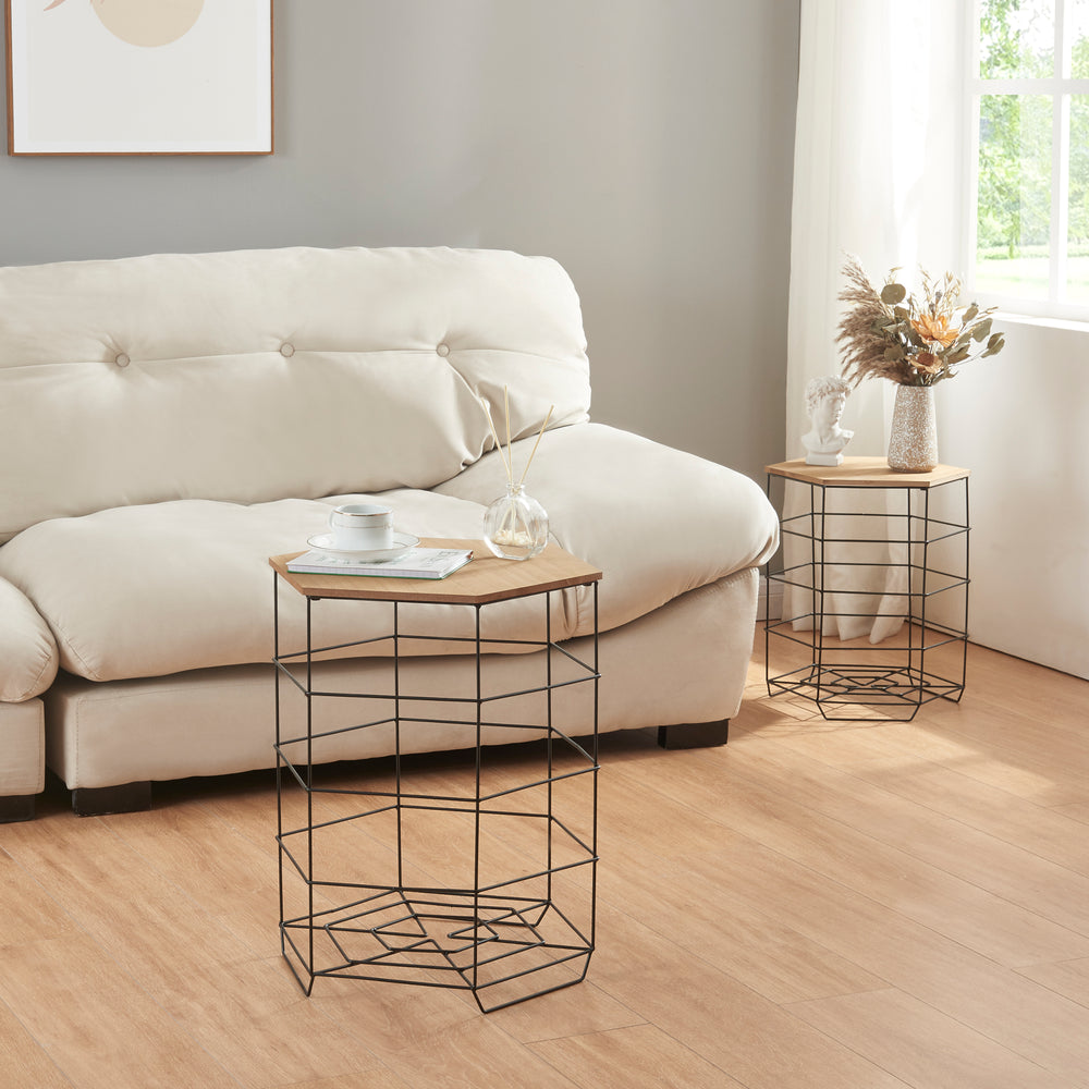 Bijzettafel - Set Hørsholm 2-delig Set Metalen Mand Zwart / Houtkleur [en.casa] - premiumXL
