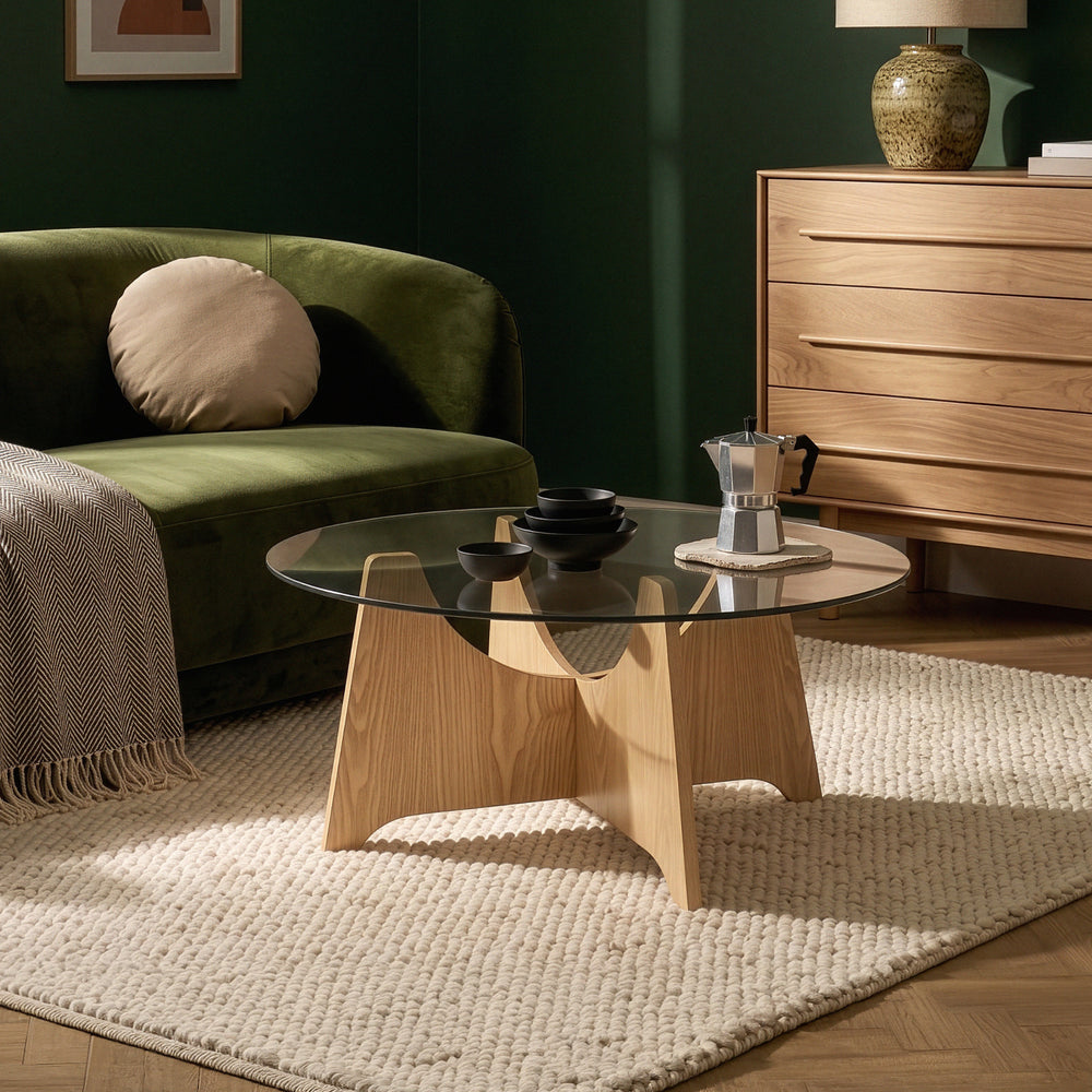 Salontafel Omlar rond glas Ø70x35 cm rookgrijs en eikenkleurig [en.casa]