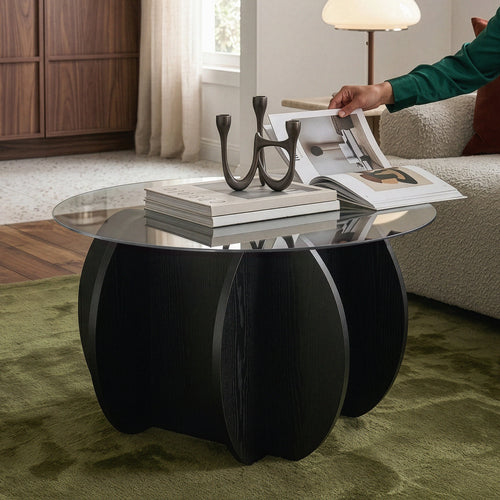 Salontafel Karhuvandi met glazen blad Ø70x40 cm Zwart/Grijs [en.casa]