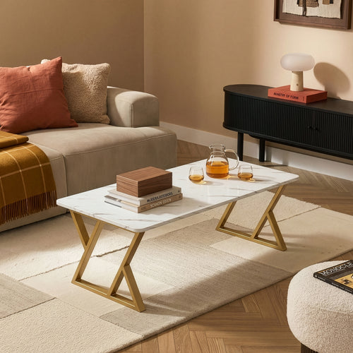 Salontafel Nolu 120x60x46 cm Goudkleurig/Marmerlook, wit [en.casa]