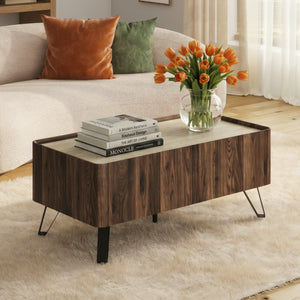Salontafel Trorlon 100x50x40 cm Notenhoutlook/Travertijn [en.casa]