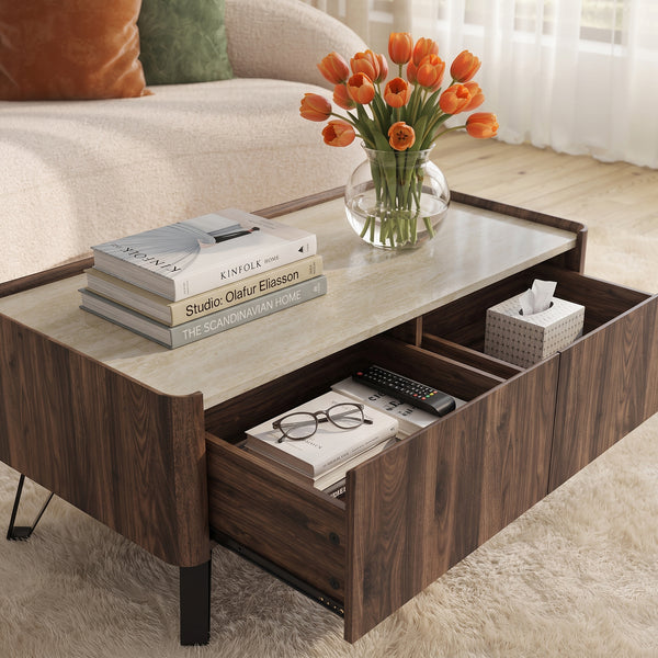 Salontafel Trorlon 100x50x40 cm Notenhoutlook/Travertijn [en.casa]