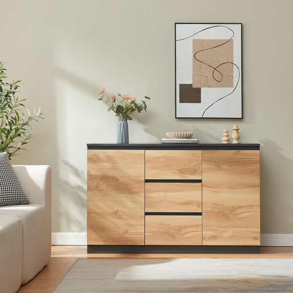 Commode Kyr met deuren en lades zwart en eikenkleurig [en.casa]
