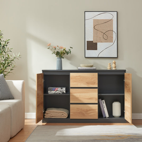 Commode Kyr met deuren en lades zwart en eikenkleurig [en.casa]