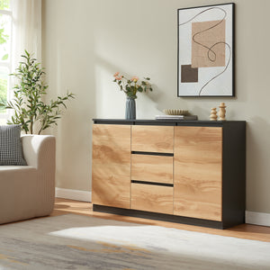 Commode Kyr met deuren en lades zwart en eikenkleurig [en.casa]