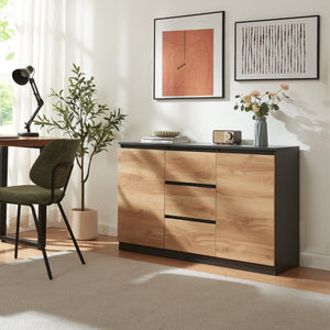 Commode Kyr met deuren en lades zwart en eikenkleurig [en.casa]