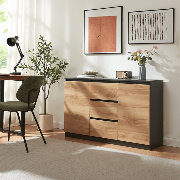 Commode Kyr met deuren en lades zwart en eikenkleurig [en.casa]