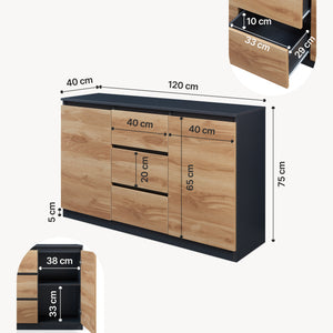 Commode Kyr met deuren en lades zwart en eikenkleurig [en.casa]