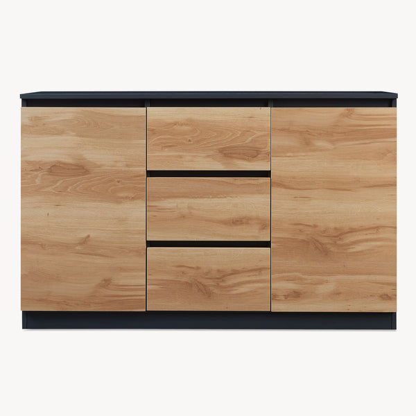 Commode Kyr met deuren en lades zwart en eikenkleurig [en.casa]