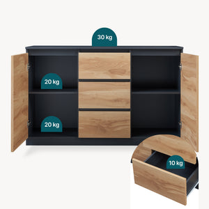 Commode Kyr met deuren en lades zwart en eikenkleurig [en.casa]