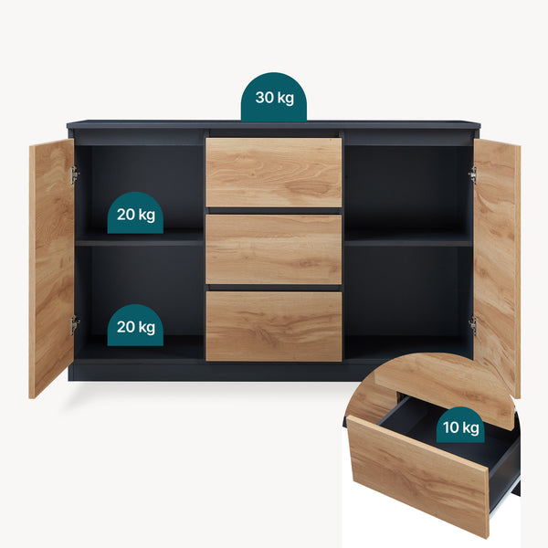 Commode Kyr met deuren en lades zwart en eikenkleurig [en.casa]