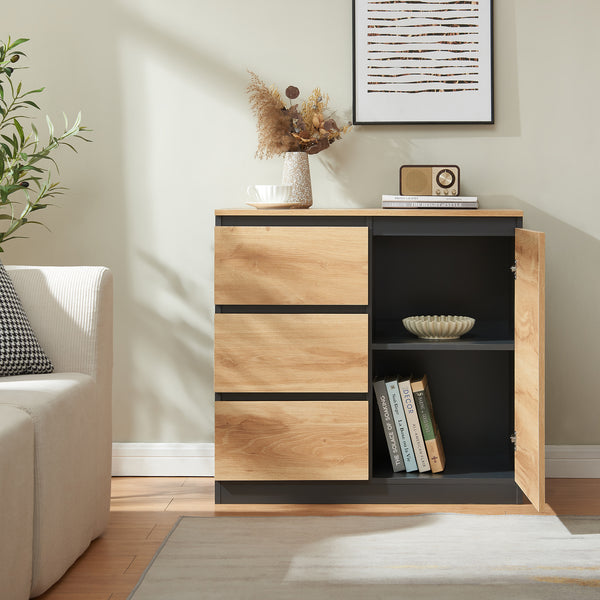 Commode Kyr met deuren en lades zwart en eikenkleurig [en.casa]