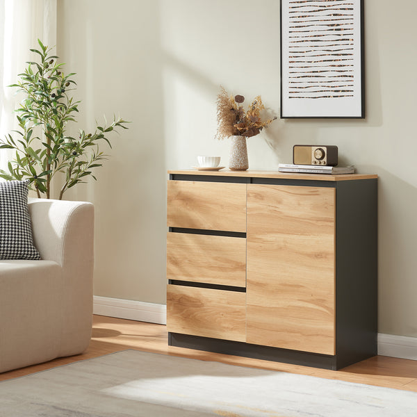 Commode Kyr met deuren en lades zwart en eikenkleurig [en.casa]