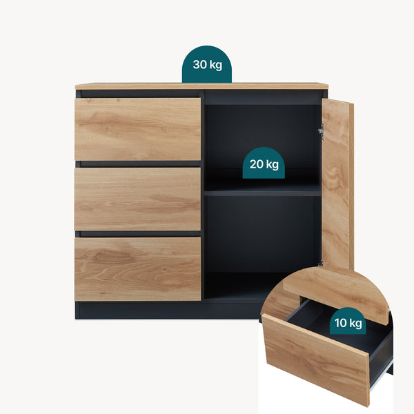 Commode Kyr met deuren en lades zwart en eikenkleurig [en.casa]