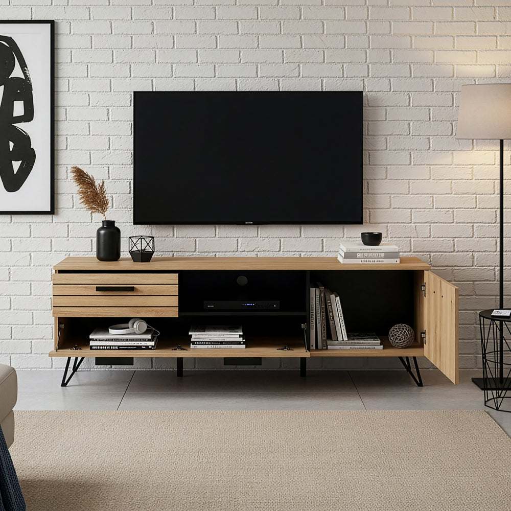 Tv-meubel Noppen eikenkleurig en zwart [en.casa]