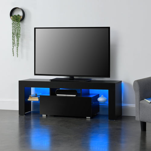 LED - tv-meubel Grimsey 130x35x45 cm met lade glazen plank Wit/Zwart en.casa - premiumXL