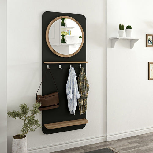 [en.casa] Wandkapstok met spiegel Helsinge 150x60x15 cm zwart en houtkleurig