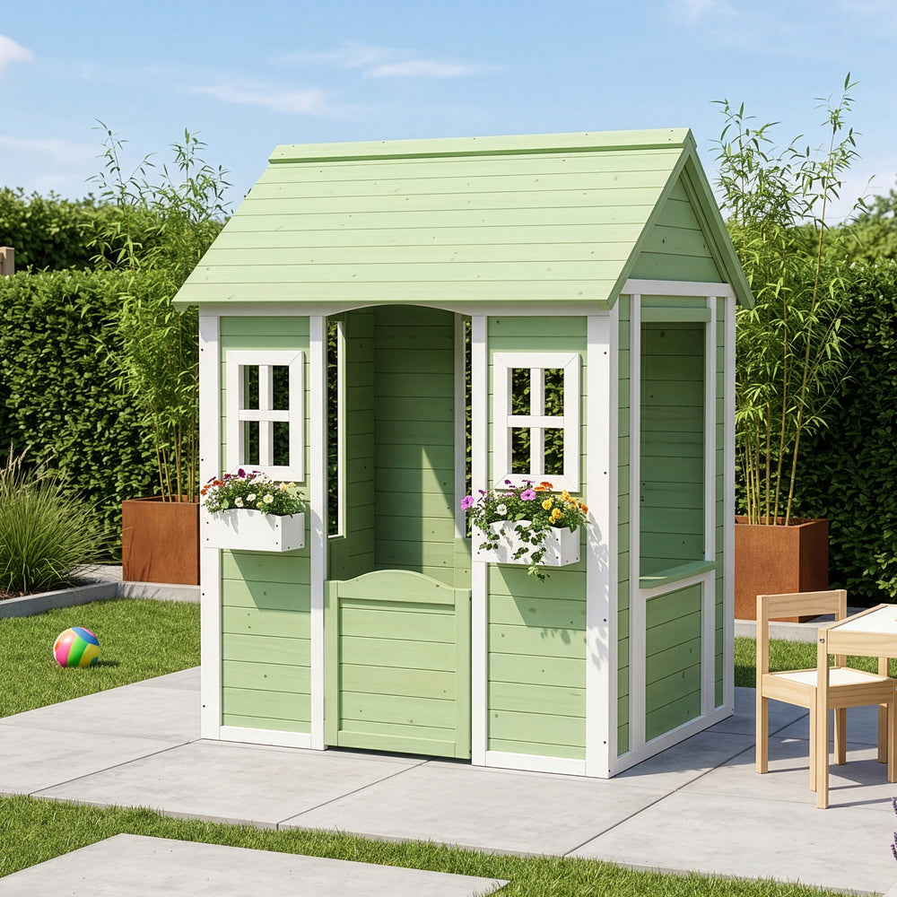 Kinder speelhuis Kuoldsvin hout 107x90x144 cm groen en wit [en.casa]