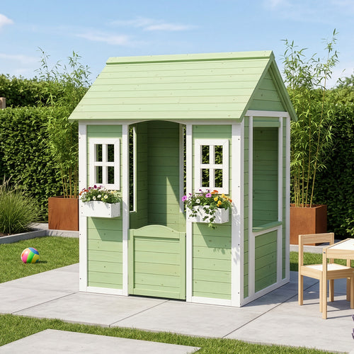 Kinderspeelhuis Kuoldsvin Dennenhout 144x102x90 cm Groen/Wit [en.casa]