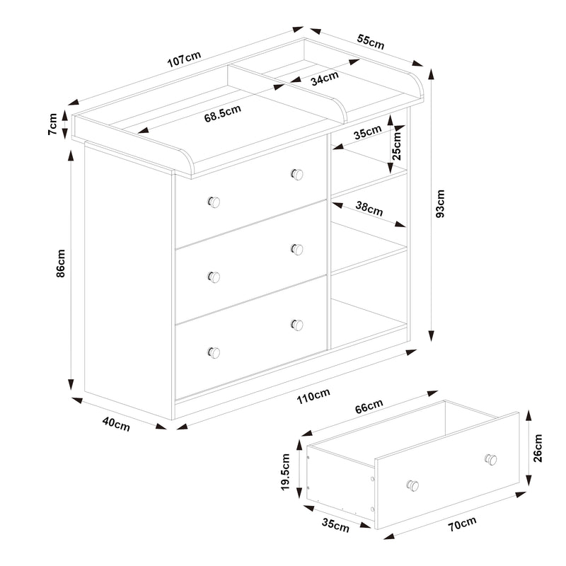 Maatschets Luiercommode Beldinupp 3 lades en 3 open vakken [en.casa]