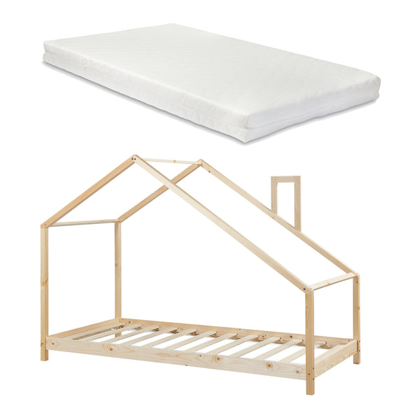 Kinderbed Siuntio huisbed met matras naturel [en.casa]