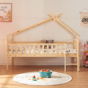 Kinderbed Sotkamo huisbed hoog uitvoering met bedbodem [en.casa]