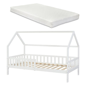 Kinderbed Ydre huisbed met matras en bedbodem wit [en.casa]