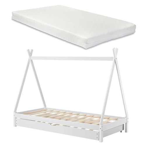Kinderbed Tipi met onderschuifbed en 1 matras 90x200 cm - verschillende kleuren