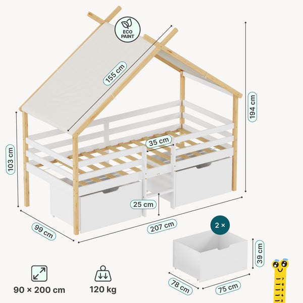 Kinderbed Surnadal huisbed met matras en lades hout wit naturel 90x200 cm [en.casa]