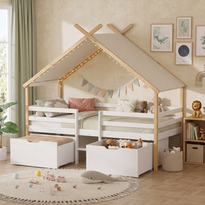 Kinderbed Surnadal huisbed met matras en lades hout wit naturel 90x200 cm [en.casa]