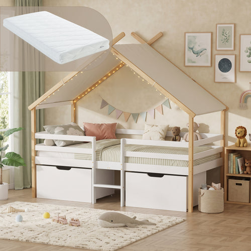 Kinderbed Surnadal huisbed met matras en lades hout wit naturel 90x200 cm [en.casa]