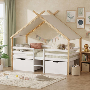 Kinderbed Surnadal Huisbed met dak 2 lades en trapje 200x90 cm wit en naturel [en.casa]