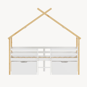 Kinderbed Surnadal huisbed met matras en lades hout wit naturel 90x200 cm [en.casa]