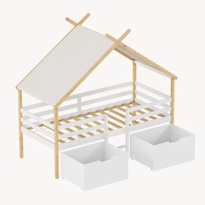 Kinderbed Surnadal huisbed met matras en lades hout wit naturel 90x200 cm [en.casa]