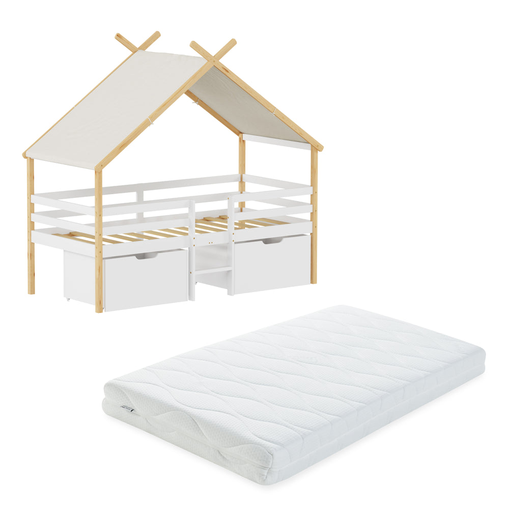 Kinderbed Surnadal huisbed met matras en lades hout wit naturel 90x200 cm [en.casa]