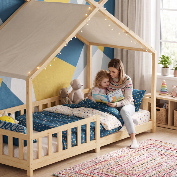 Huisbed Rila in Montessori-stijl met matras en valbeveiliging 90x200 cm [en.casa]