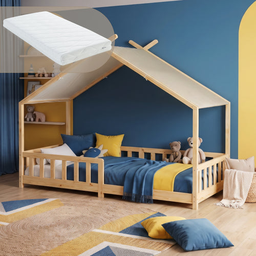 Huisbed Rila in Montessori-stijl met matras en valbeveiliging 90x200 cm [en.casa]